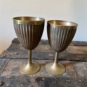 Vintage Ribbed Brass Wine Goblets